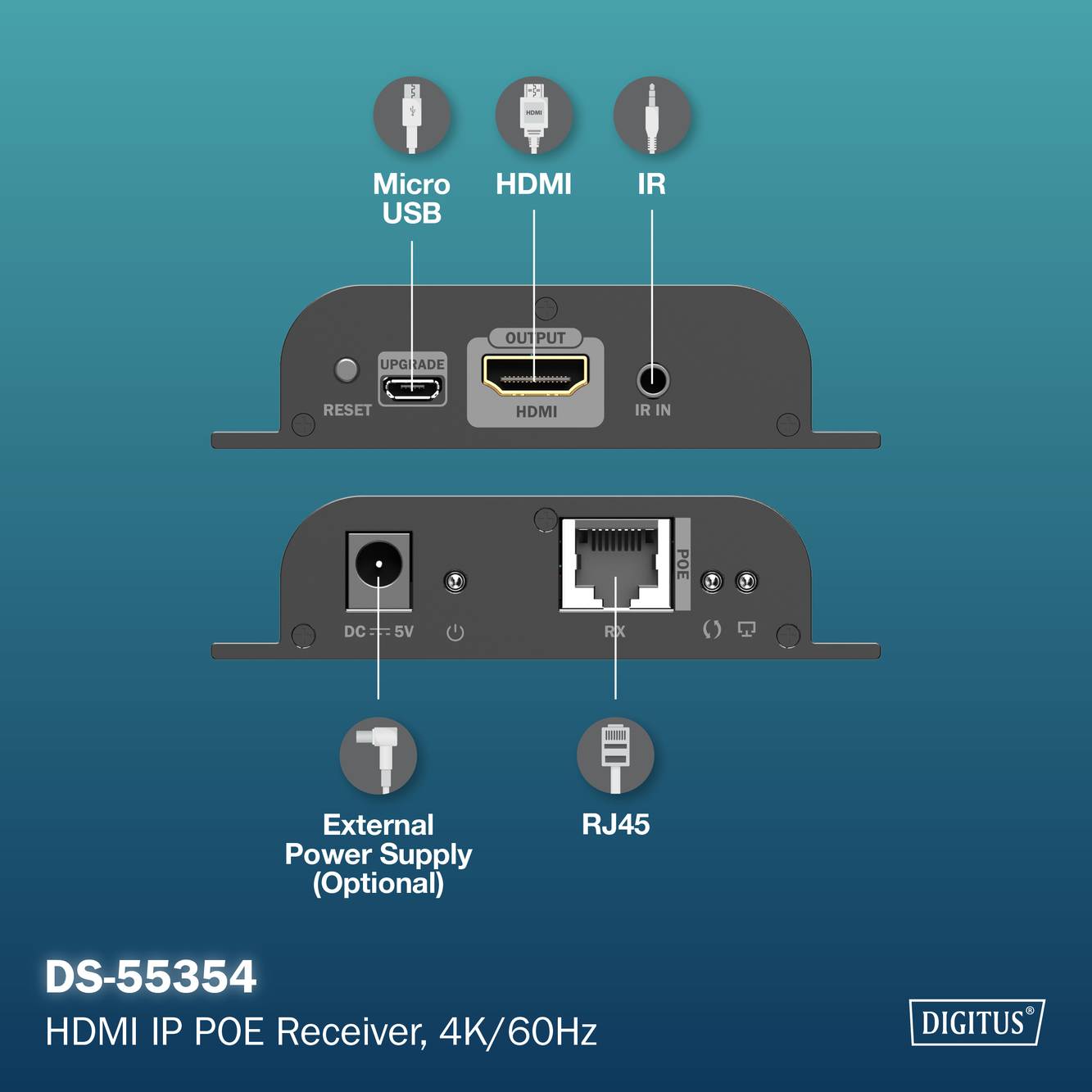 HDMI IP POE Prijímač, 4K/60Hz s portami: Micro USB, HDMI, IR, RJ45, Externý napájací zdroj (Voliteľné). Model: DS-55354 od Digitus.
