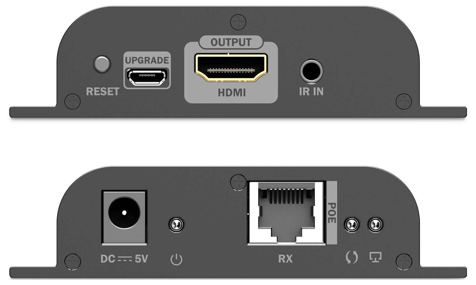 Obrázok zobrazuje dva elektronické panely zariadení. Horný panel obsahuje resetovacie tlačidlo, upgrade port, HDMI výstup a IR vstup. Spodný panel má napájací vstup, RX port a sieťový port označený ako 'PoE'.