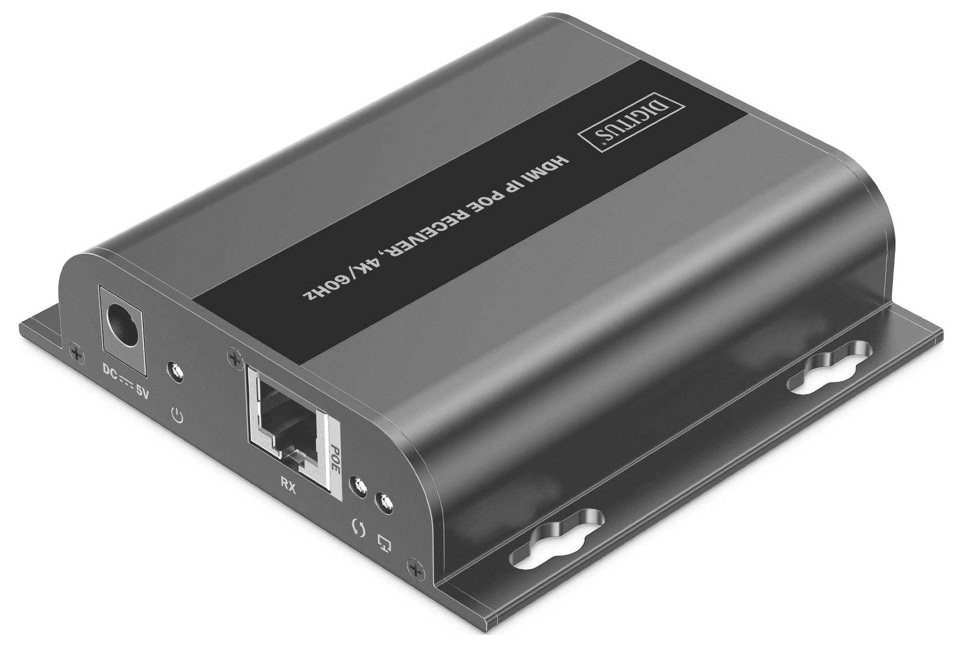 Čierne metalické PoE prijímacie zariadenie s portmi pre DC 5V a Ethernet, označené ako 'DIGITUS HDMI IP PoE RECEIVER 5V/1A 500Hz'.
