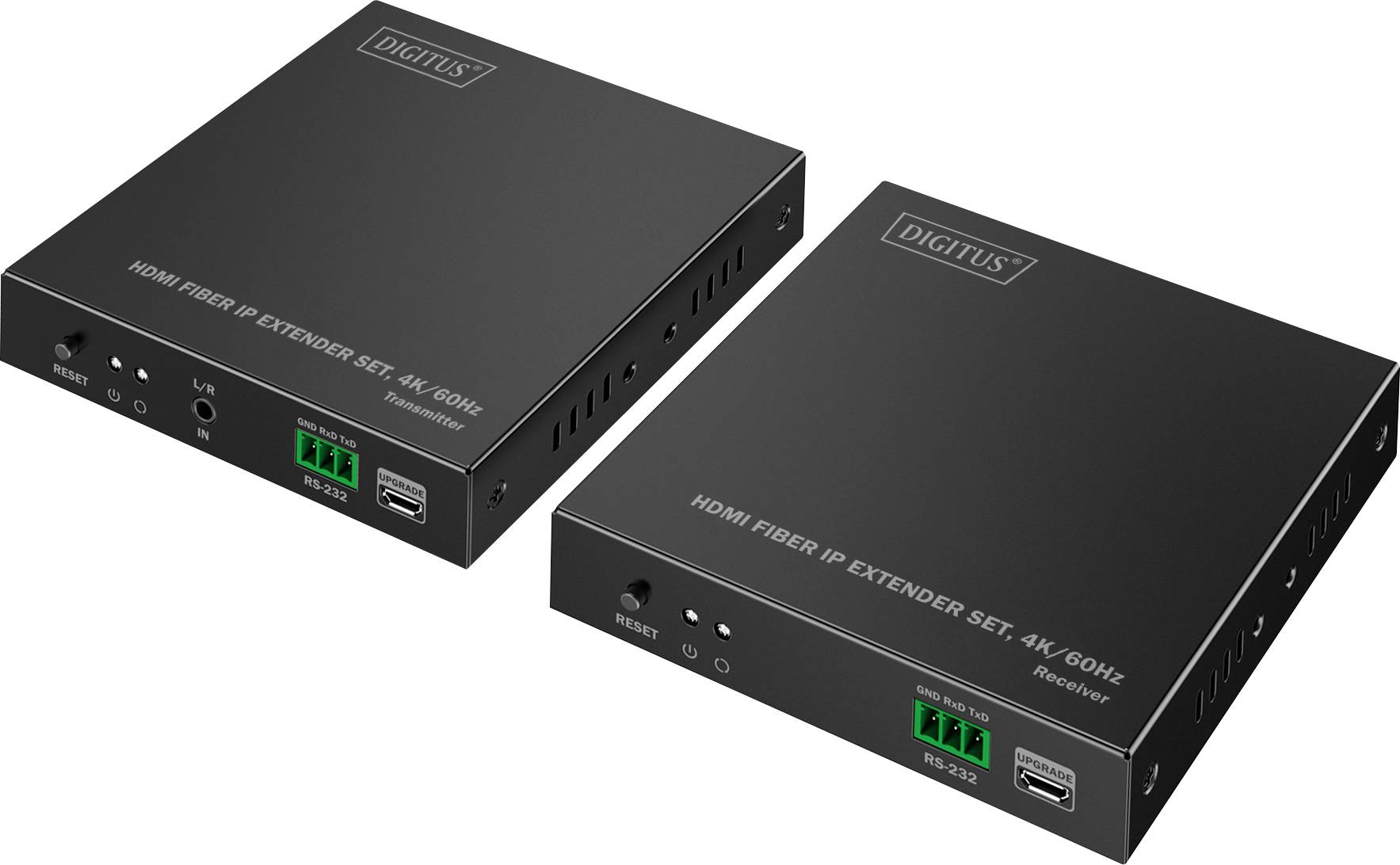 "Dva čierne zariadenia HDMI Fiber IP Extender Set označené ako „Vysielač" a „Prijímač", podporujúce 4K 60Hz s viacerými portmi."