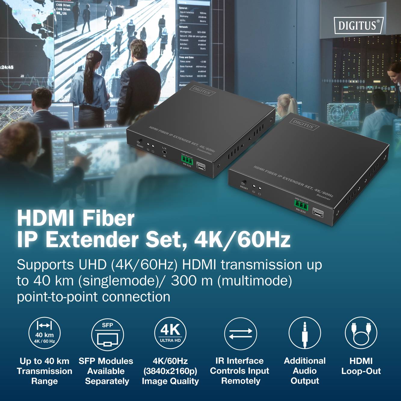 Sada predlžovača HDMI Fiber, 4K/60Hz balenie. Zobrazuje zariadenie, funkcie: dosah 40 km, 4K UHD, IR rozhranie, audio, podporuje HDMI.