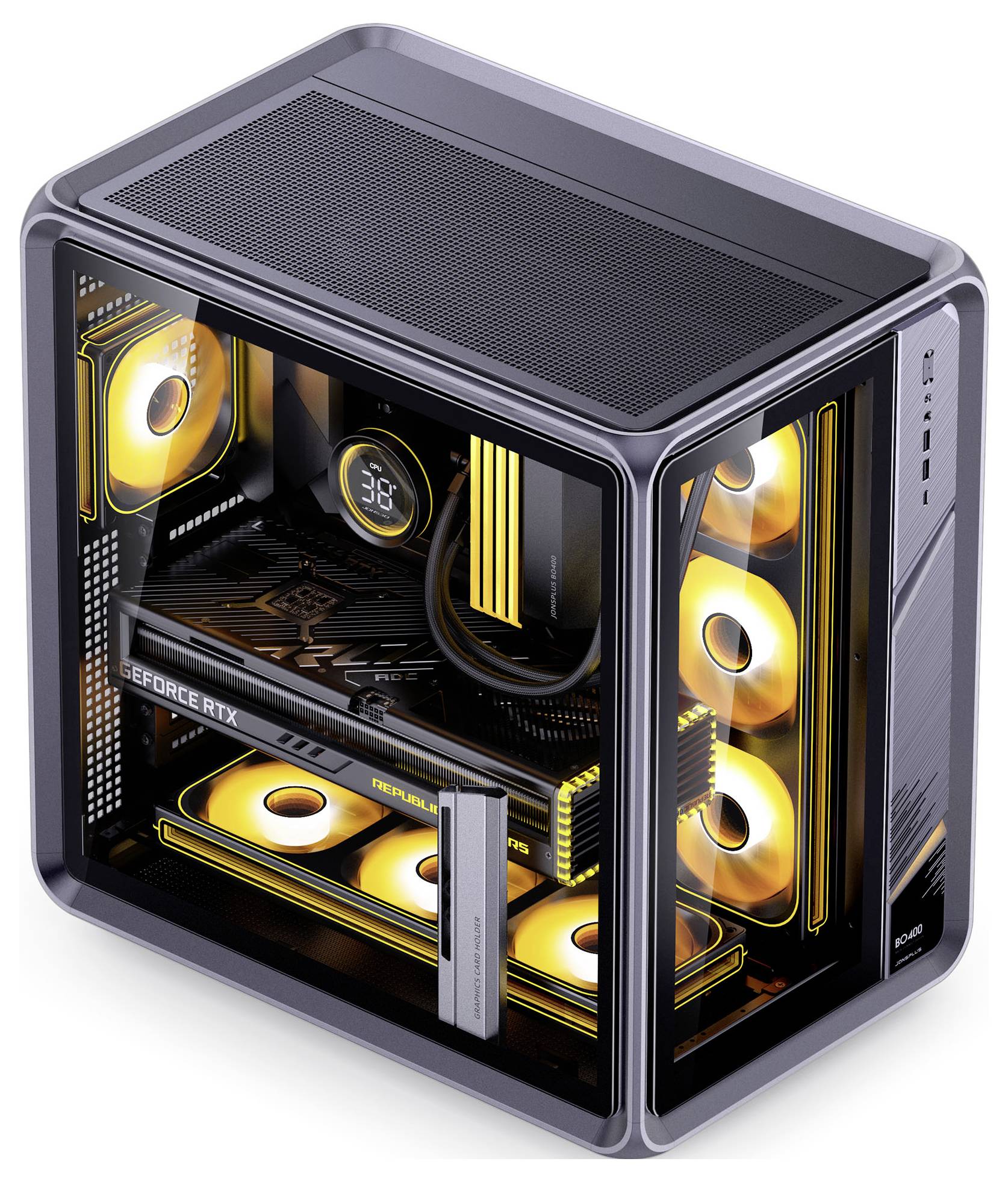 Herný počítač s priehľadným krytom odhaľujúcim vnútorné komponenty. Vyznačuje sa podsvietením chladiaceho systému a grafickou kartou GeForce RTX.