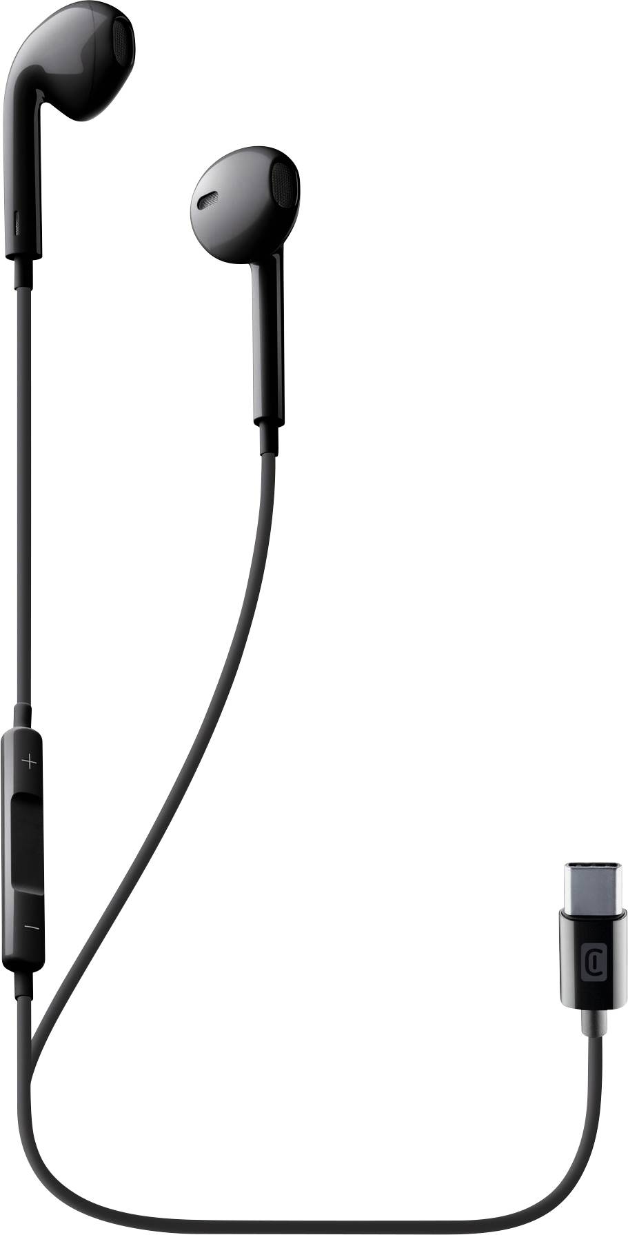 Čierne káblové slúchadlá s dizajnom vnútroušných špuntov, s integrovaným diaľkovým ovládačom a konektorom USB-C, izolované na bielom pozadí.