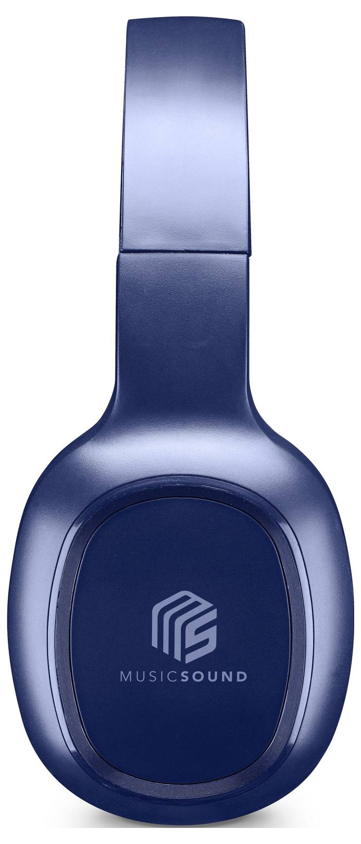 Modré slúchadlá over-ear s čalúnenou čelenkou, s logom 'MUSICSOUND' na bočnej strane mušle.