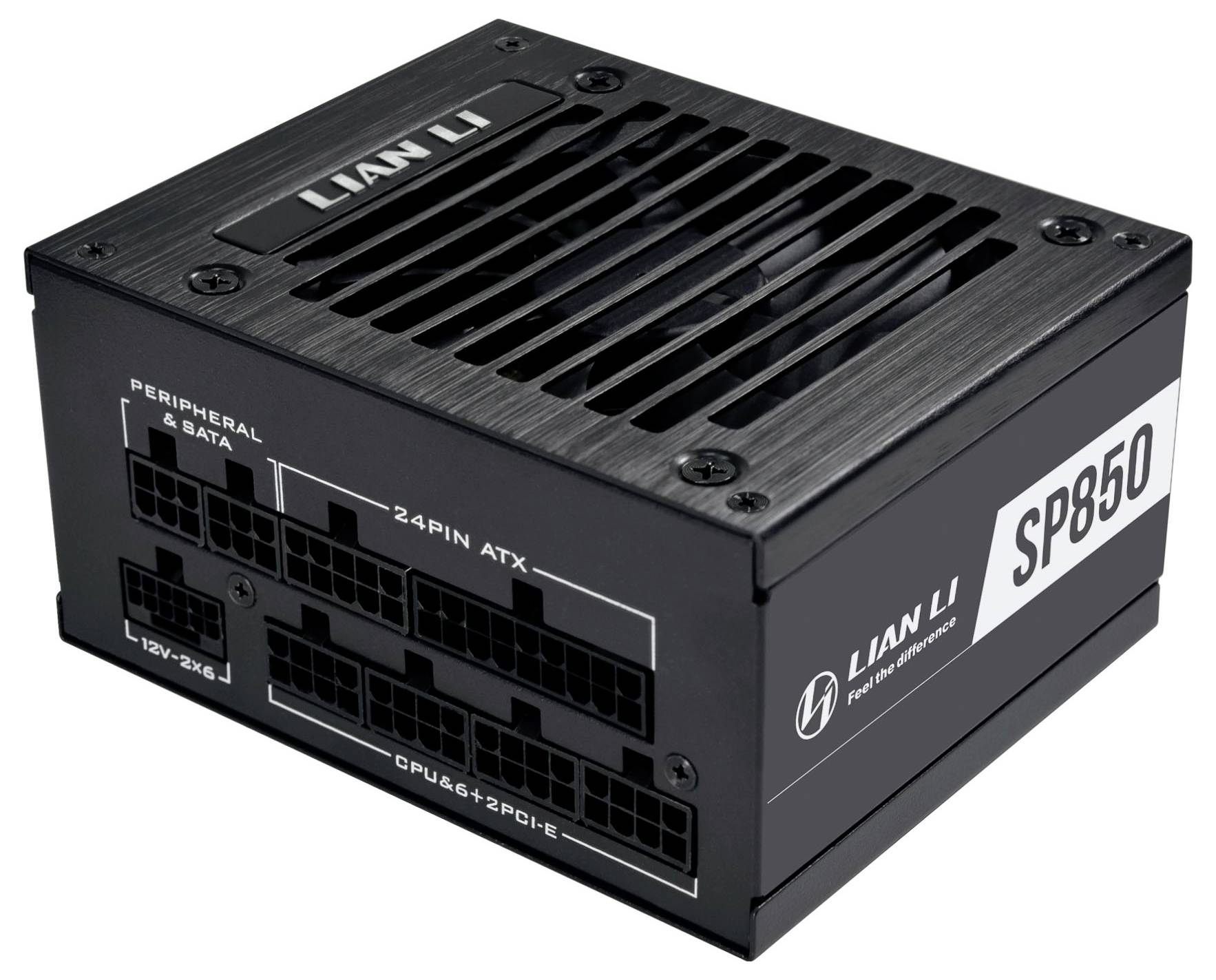 Čierny sieťový zdroj Lian Li SP850 s viacerými pripojovacie portami označenými 'PERIPHERAL & SATA', '24PIN ATX', 'CPU & 4+4+2PCIE'.