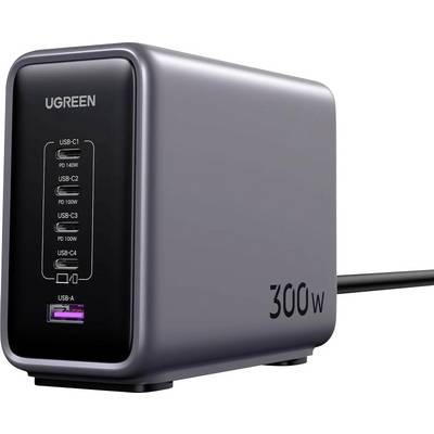 Obdĺžnikový napájací adaptér UGREEN s kapacitou 300W, vybavený štyrmi USB-C portmi a jedným USB-A portom, vhodný na nabíjanie viacerých zariadení.