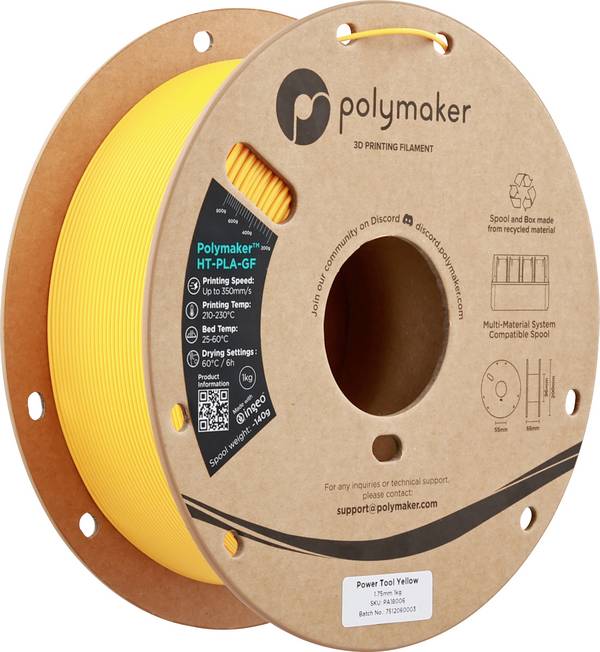 Polymaker PA18006 HT-PLA-GF vlákno pre 3D tlačiarne HT-PLA-GF Odolnosť voči vysokým teplotám, zosilnená sklenými vláknami, matná, filament pre vysokorýchlostnú 3D tlač 1.75 mm 1000 g Power Tool Yellow, žltá  1 ks