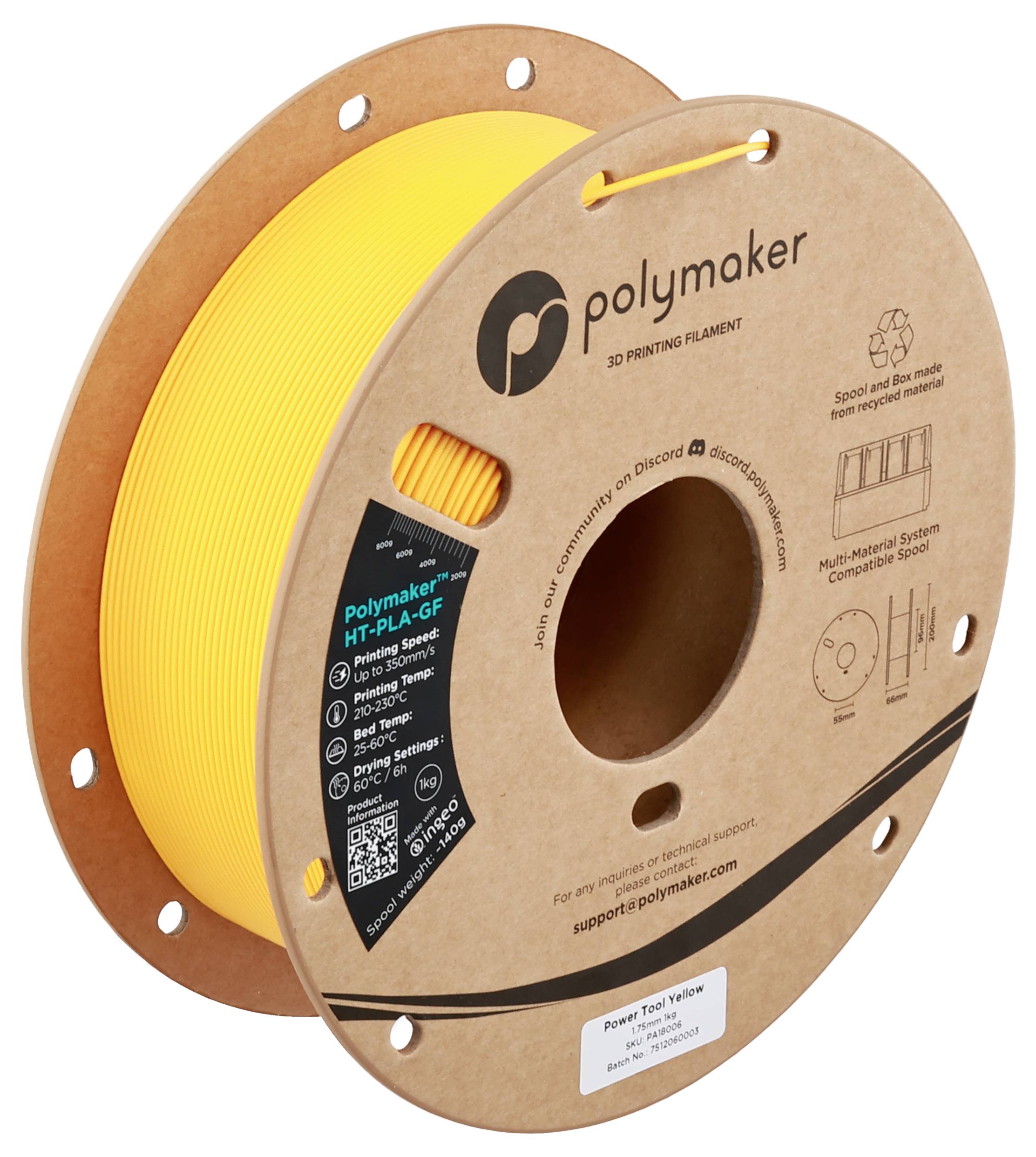Cievka žltého filamentu Polymaker na 3D tlač označená ako „Power Tool Yellow" s QR kódom a informáciami o kompatibilite materiálov.