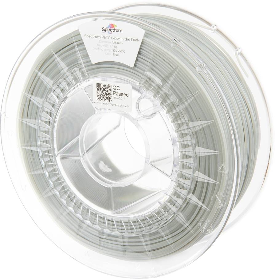 Špulka filamentu Spectrum PETG s označením „Svieti v tme", veľkosť 1,75 mm, hmotnosť 1 kg, odporúčaná teplota tlače 230-250 °C.