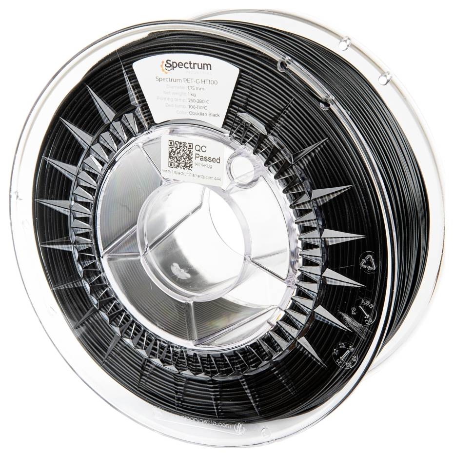 Špulka čierneho 3D tlačového filamentu označená ako 'Spectrum PET-G HT100', so špecifikáciami: priemer 1,75 mm, teplota tlače 200-240°C.
