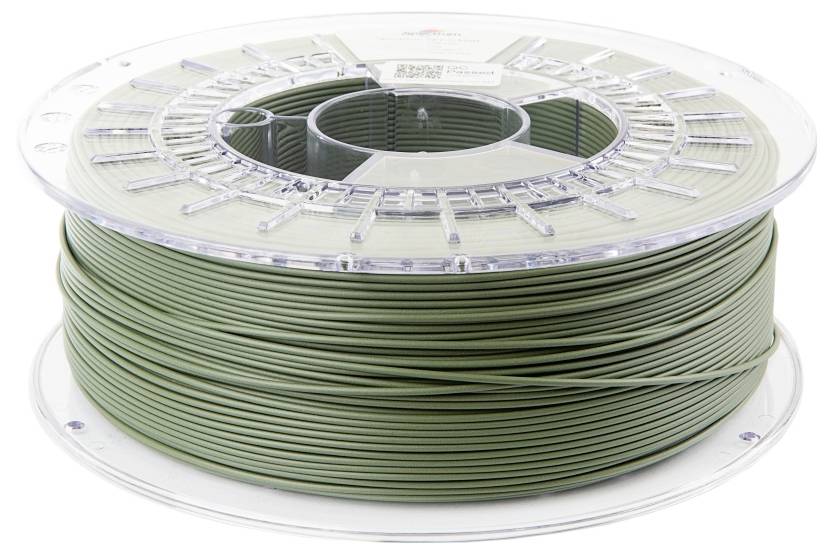 Cievka olivovo zeleného 3D tlačového filamentu s priehľadným plastovým obalom, vhodná pre použitie v FDM 3D tlačiarňach.