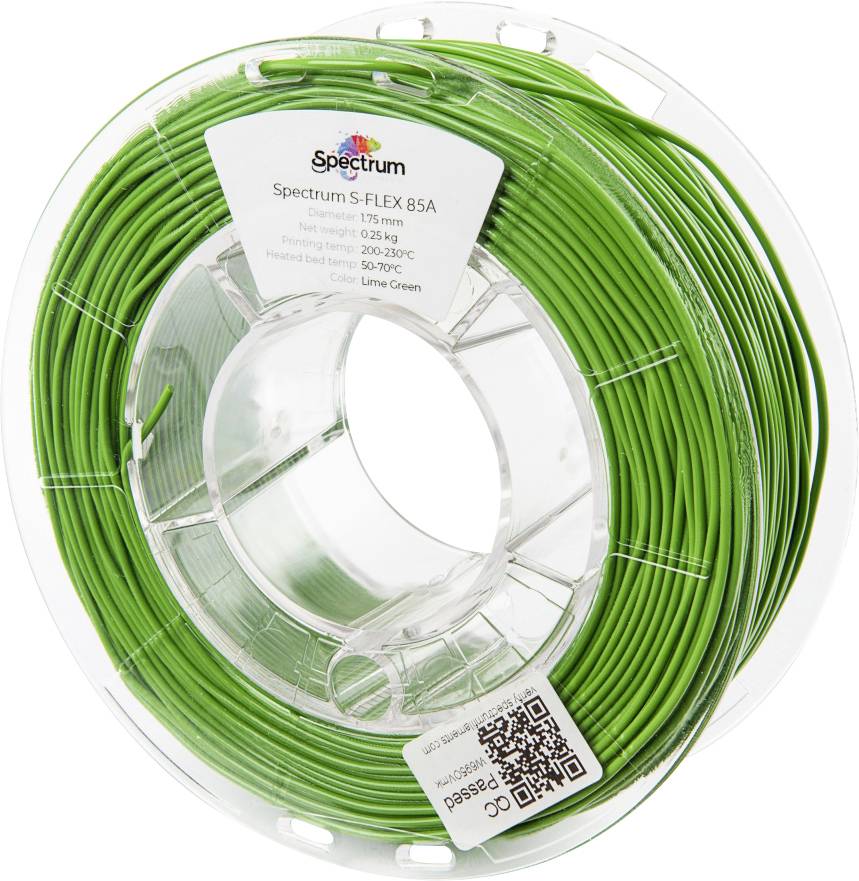Cievka limetkovo zeleného flexibilného 3D tlačového filamentu, označená ako 'Spectrum S-FLEX 85A', s QR kódom na obale.