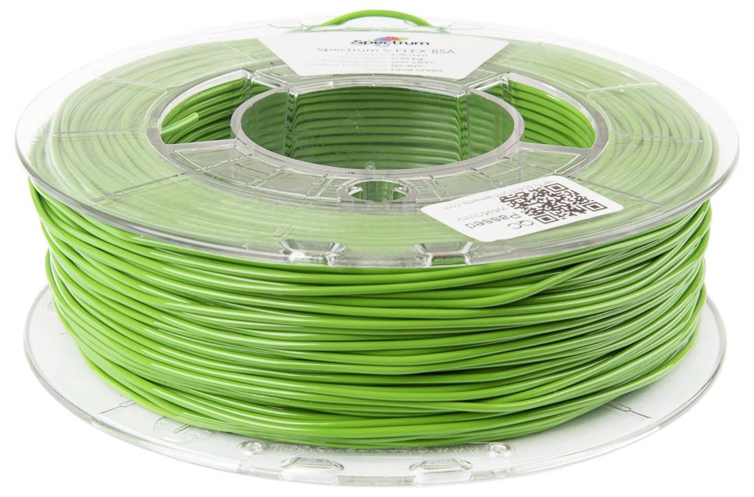 Cievka jasne zeleného 3D tlačového filamentu, označená ako 1,75mm PLA, s QR kódom a špecifikáciami tlače na etikete.