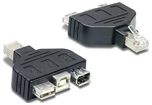 "USB a FireWire na RJ45 adaptéry." Dva čierne adaptéry s USB, FireWire a RJ45 portami. Používajú sa na pripojenie viacerých typov káblov.