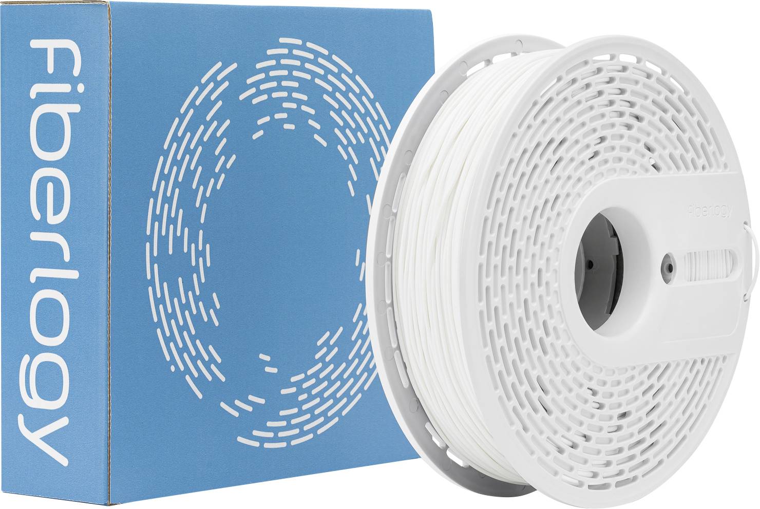 Špulka bieleho 3D tlačového filamentu pred modrou krabicou s textom "Fiberlogy". Krabica obsahuje kruhovú abstraktnú dizajnovú grafiku.