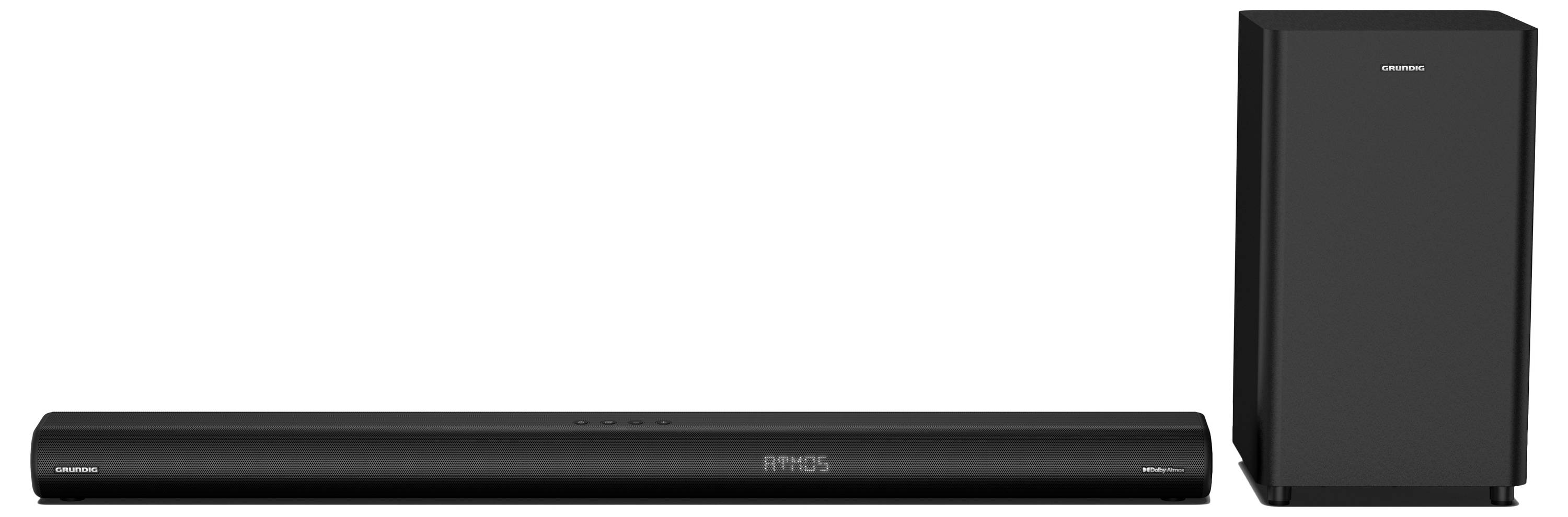 Čierna zostava soundbaru a subwoofera, navrhnutá pre zlepšenie domáceho audio zážitku. Soundbar je dlhý a štíhly, sprevádzaný obdĺžnikovým subwooferom.