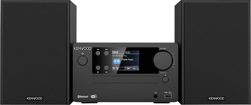 Audio systém Kenwood s dvoma čiernymi reproduktormi a centrálnou jednotkou s digitálnym displejom zobrazujúcim DAB a Bluetooth pripojenie.
