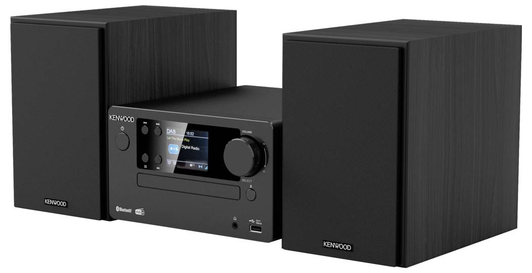 Kenwood stereo systém so stredovou ovládacou jednotkou s displejom a dvomi reproduktormi po oboch stranách. Disponuje pripojením Bluetooth a USB vstupmi.