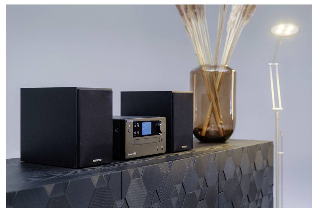 Kompaktný stereo systém s dvoma reproduktormi je umiestnený na textúrovanej skrinke. Vysoká hnedá váza so sušenou trávou a moderná stojanová lampa sú v pozadí a dodávajú priestoru súčasný dizajnový nádych.
