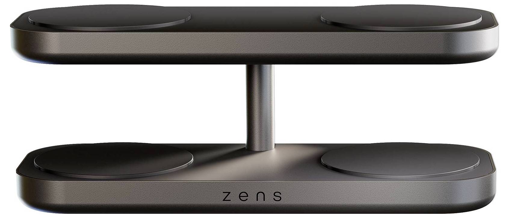 Elegantná bezdrôtová nabíjacia stanica s dvomi úrovňami a kovovým povrchom, s štyrmi nabíjacími miestami, označená logom 'zens'.