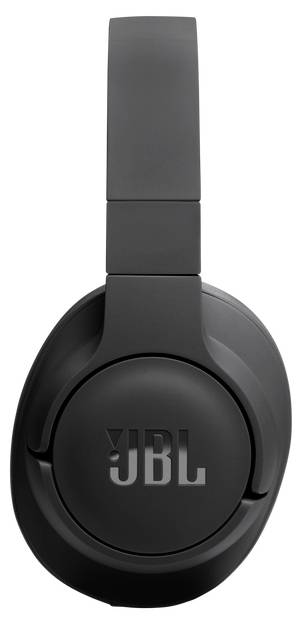 Čierne náhlavné slúchadlá JBL s eleganným dizajnom, s logom JBL výrazne umiestneným na mušli slúchadla.