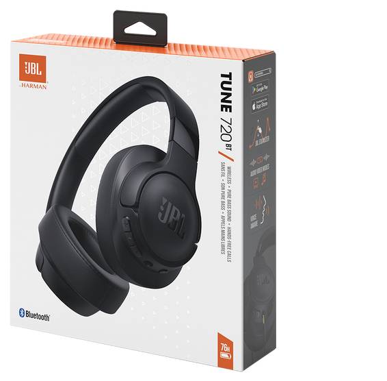 Krabica slúchadiel JBL Tune 720 BT s technológiou Bluetooth, zobrazená s obrázkom produktu a špecifikáciami vrátane batérie s výdržou až 76 hodín.