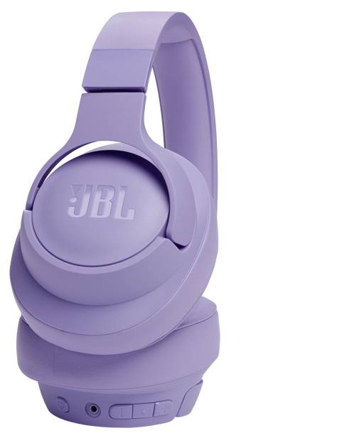 Fialové slúchadlá JBL s elegantným dizajnom, zobrazujúce ovládacie tlačidlá a možnosti drôtového pripojenia na mušli.