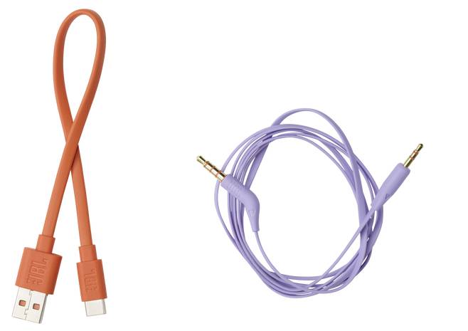 Oranžový USB kábel a fialový audio kábel na bielom pozadí, zobrazujúce rôzne možnosti pripojenia.