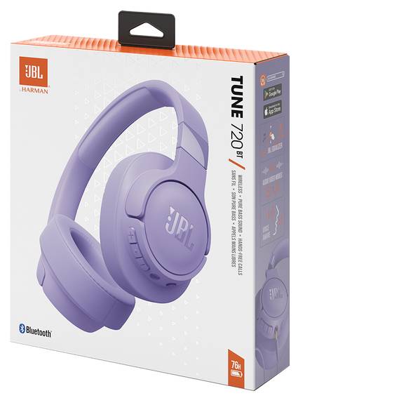 Škatuľa bezdrôtových slúchadiel JBL Tune 720 BT vo farbe levandule. Na obale sú zvýraznené nápisy 'Bluetooth' a 'JBL Pure Bass'.