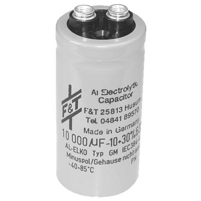 Valcový elektrolytický kondenzátor F&T označený '10 000 µF - 10-30% 63V', vyrobený v Nemecku, prevádzkový rozsah -40°C až 85°C.
