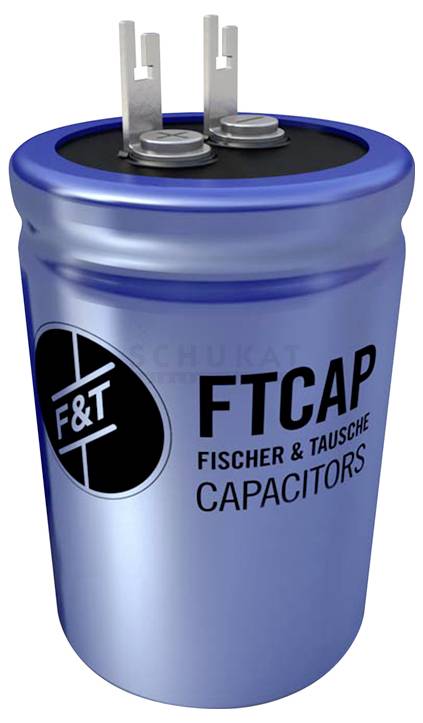 Modrý valcovitý kondenzátor s nápisom "FTCAP Fischer & Tausche Capacitors" a dvoma kovovými vývodmi na vrchu.