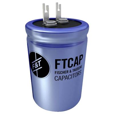 Modrý valcový kondenzátor označený nápisom 'FTCAP Fischer & Tausche Capacitors' s dvoma kovovými vývodmi na vrchu.