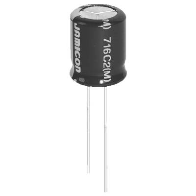 Valcový elektronický komponent s dvoma kovovými vývodmi vystupujúcimi z dolnej časti. Štítok nesie nápis "Jamicon 716C2(M)".