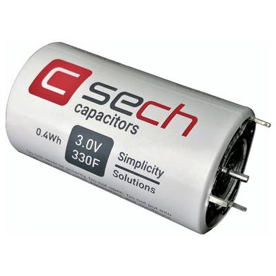 Valcový kondenzátor označený "sech kondenzátory" so špecifikáciami: 3,0 V, 330 F. Obsahuje text: "Jednoduché riešenia".