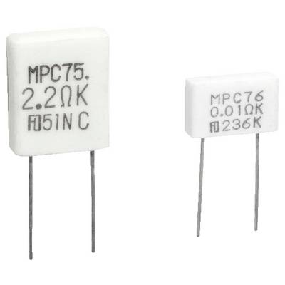 Dva biele pravouhlé elektronické komponenty s kovovými vývodmi, označené ako 'MPC75 2.2Ω K 051N C' a 'MPC76 0.01Ω K 236K'.