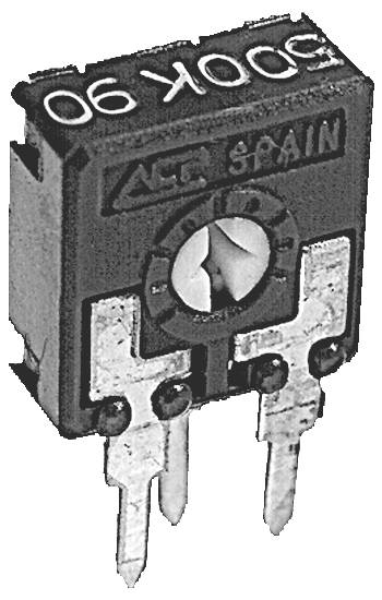 Trojvodičový potenciometer označený ako 'ALPS SPAIN 50K 902D', s čiernym obdĺžnikovým puzdrom a kovovými vývodmi smerujúcimi nadol.