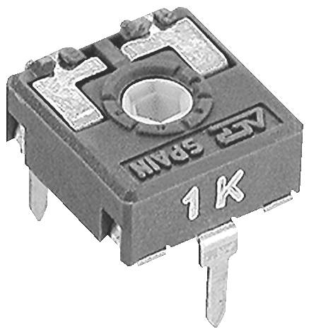 Čierny, obdĺžnikový elektronický komponent s tromi kovovými kolíkmi, označený '1K'. Na vrchu má otočný ovládač na nastavenie odporu.