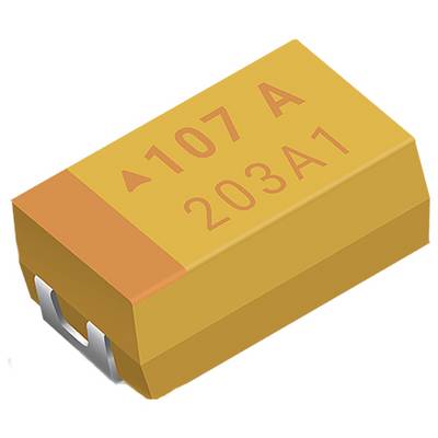 Oranžový obdĺžnikový kondenzátor s označeniami '107 A' a '203A1' na jeho povrchu.