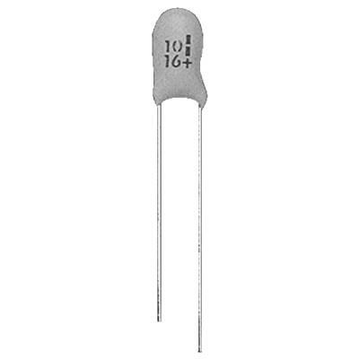 Malý kondenzátor s označením '104' a '16V', ktorý udáva jeho kapacitu a napäťový rozsah, s dvoma dlhými vodičovými prívodmi.