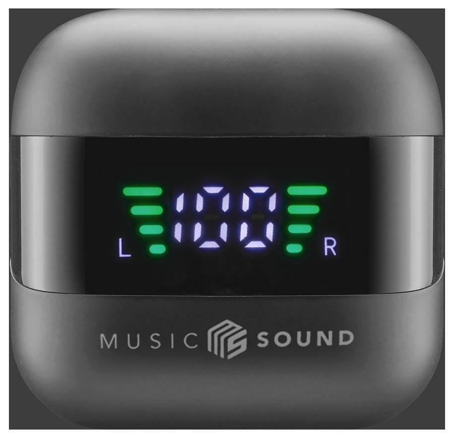 Digitálny displej 'Music Sound' pre slúchadlá, zobrazujúci stav batérie 100 % so zelenými indikačnými pruhmi pre ľavé a pravé slúchadlo.