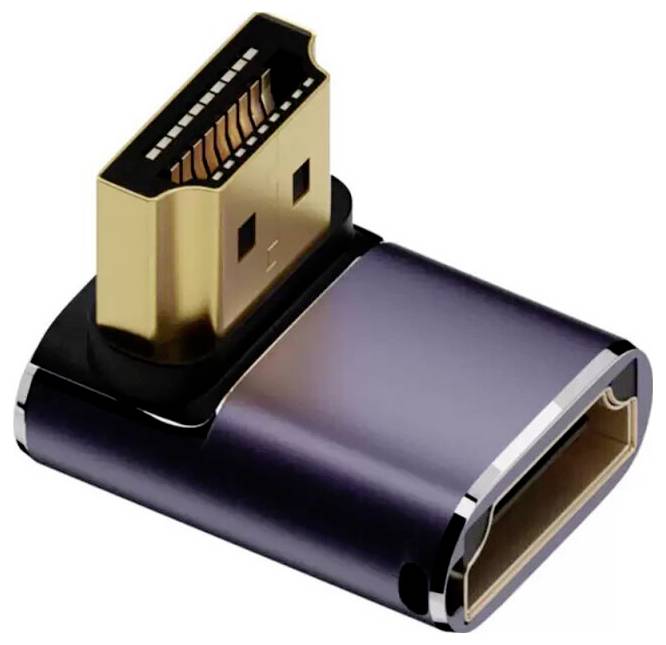 Detail zástrčky HDMI samec-samica v pravouhlom prevedení, zobrazujúci zlatom pokryté konektory a čierny kryt.
