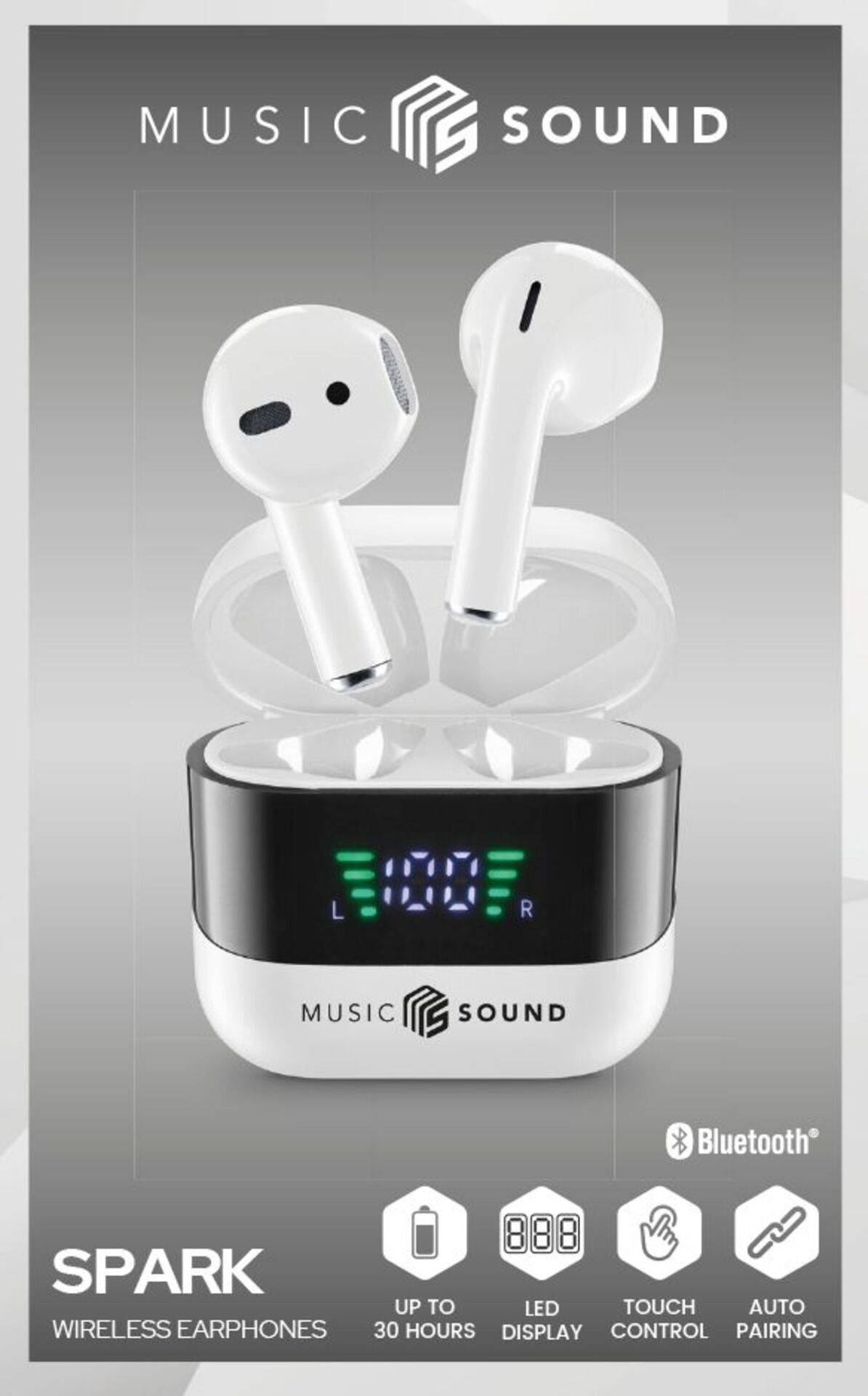 Slúchadlá do uší Music Sound SPARK Wireless s bielymi bezdrôtovými slúchadlami a nabíjacím púzdrom zobrazujúcim stav batérie '100%' na LED displeji. Funkcie: 'Až 30 hodín výdrže', 'LED displej', 'Dotykové ovládanie', 'Automatické párovanie'.