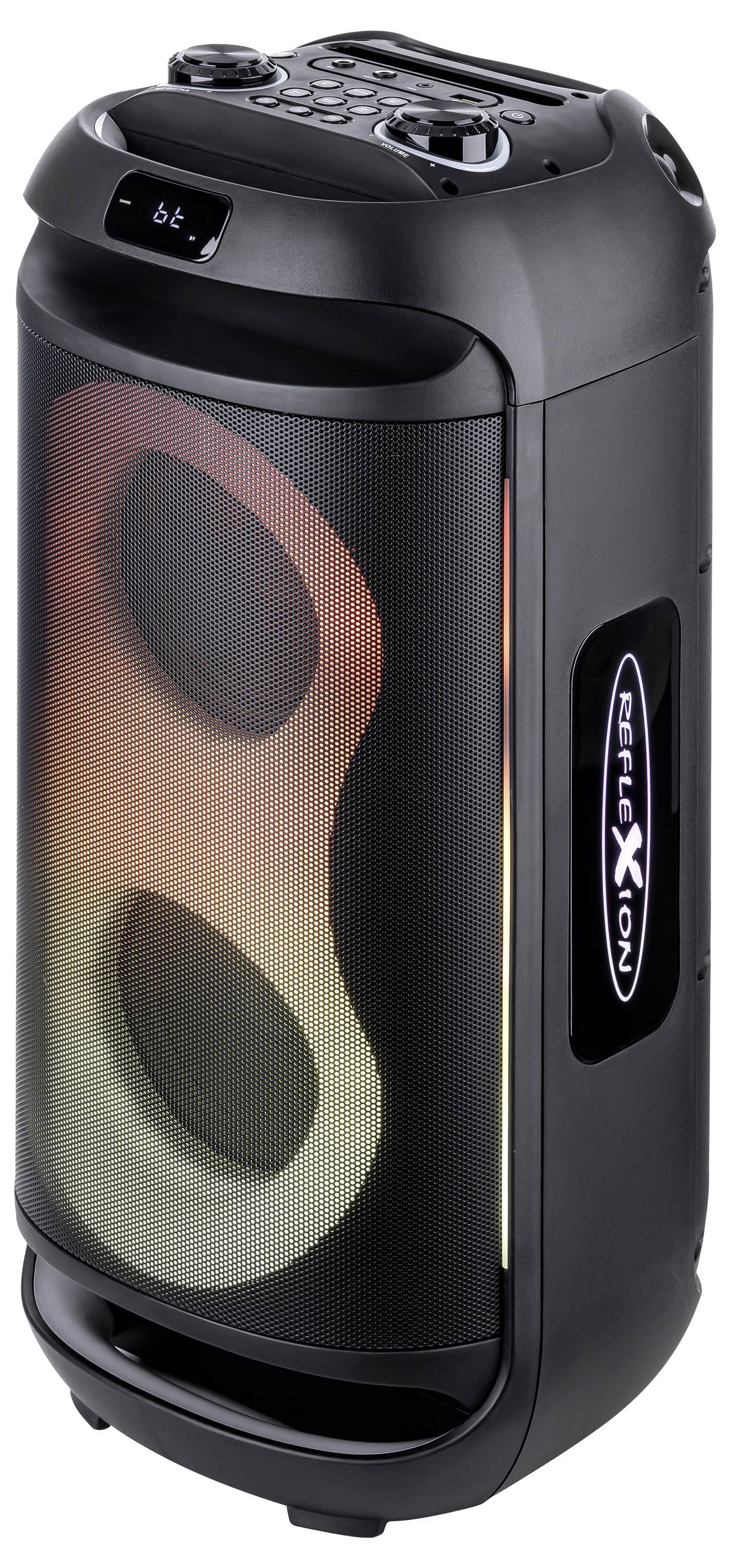 Čierny, valcovitý bluetooth reproduktor s ovládacími tlačidlami na vrchu a svietiacim LED displejom vpredu, ktorý zobrazuje vzor farebných odtieňov.