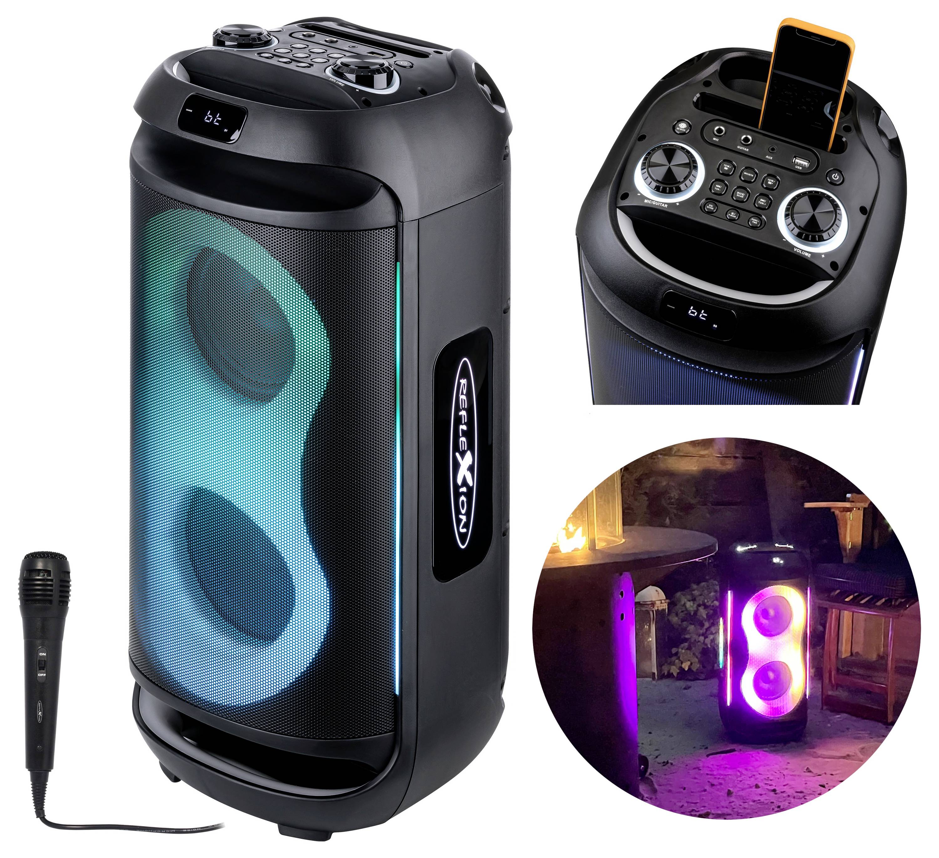 Prenosný Bluetooth reproduktor s svietiacimi modrými dvojitými meničmi, ovládacím panelom na vrchu a dokovacou stanicou na telefón, plus drôtový mikrofón a nočná scéna ukazujúca, ako sa používa so zapnutým osvetlením.