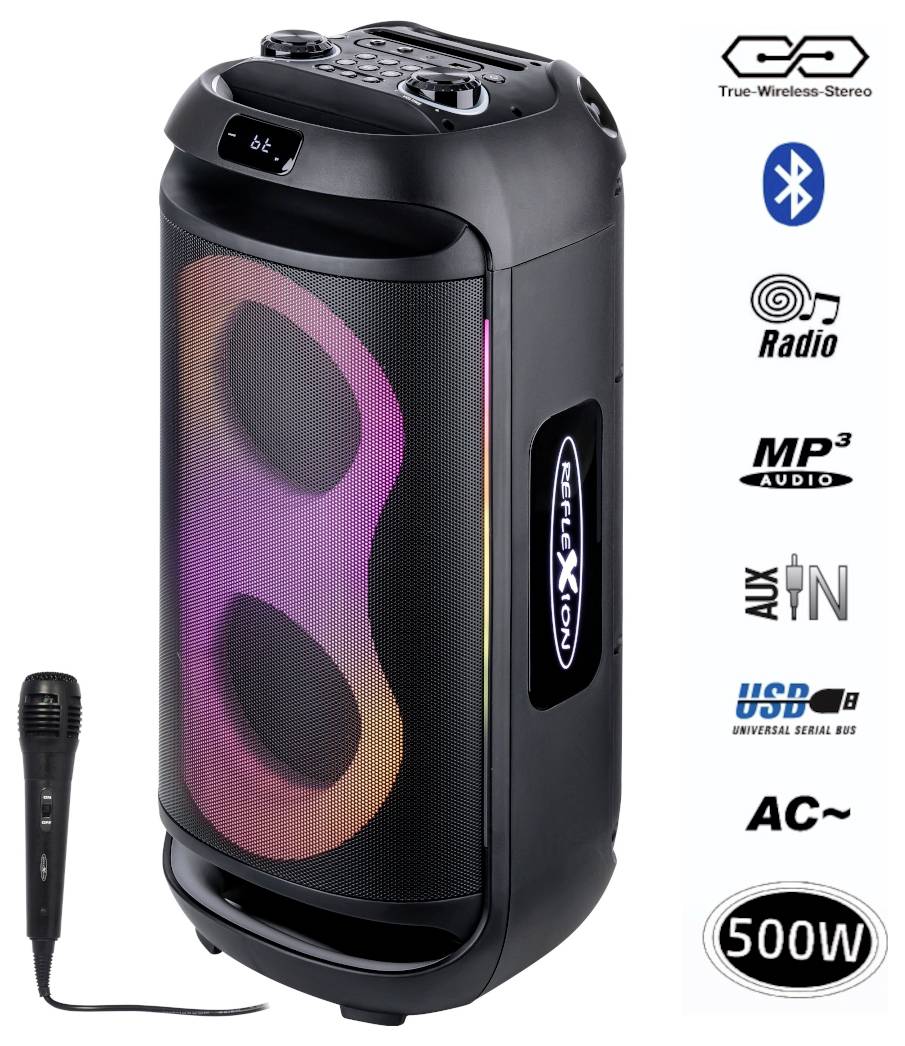 Prenosný čierny párty reproduktor s mikrofónom, RGB predným osvetlením a ikonami funkcií pre Bluetooth, rádio, MP3, AUX, USB, napájanie zo siete a výkon 500W.