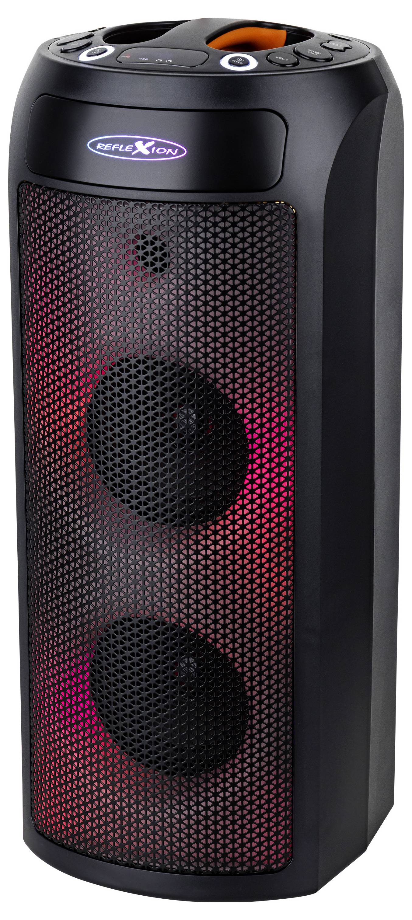 Vysoký, čierny bluetooth reproduktor s červeným osvetlením a firemným logom blízko hornej časti.