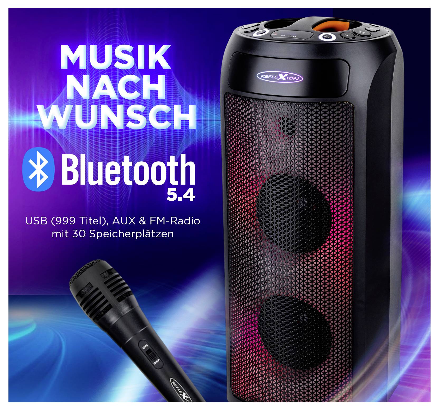 Prenosný reproduktor a mikrofón; text znie 'Hudba podľa želania' a 'Bluetooth 5.4'; funkcie zahŕňajú USB, AUX, FM rádio.