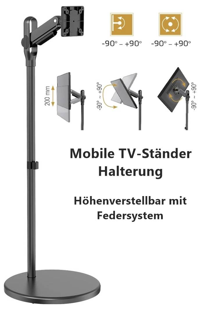 Mobilný TV stojan s nastaviteľnou výškou a otočnou funkciou. Umožňuje naklonenie od -90° do +90°. Výška je zobrazená ako 200 mm.