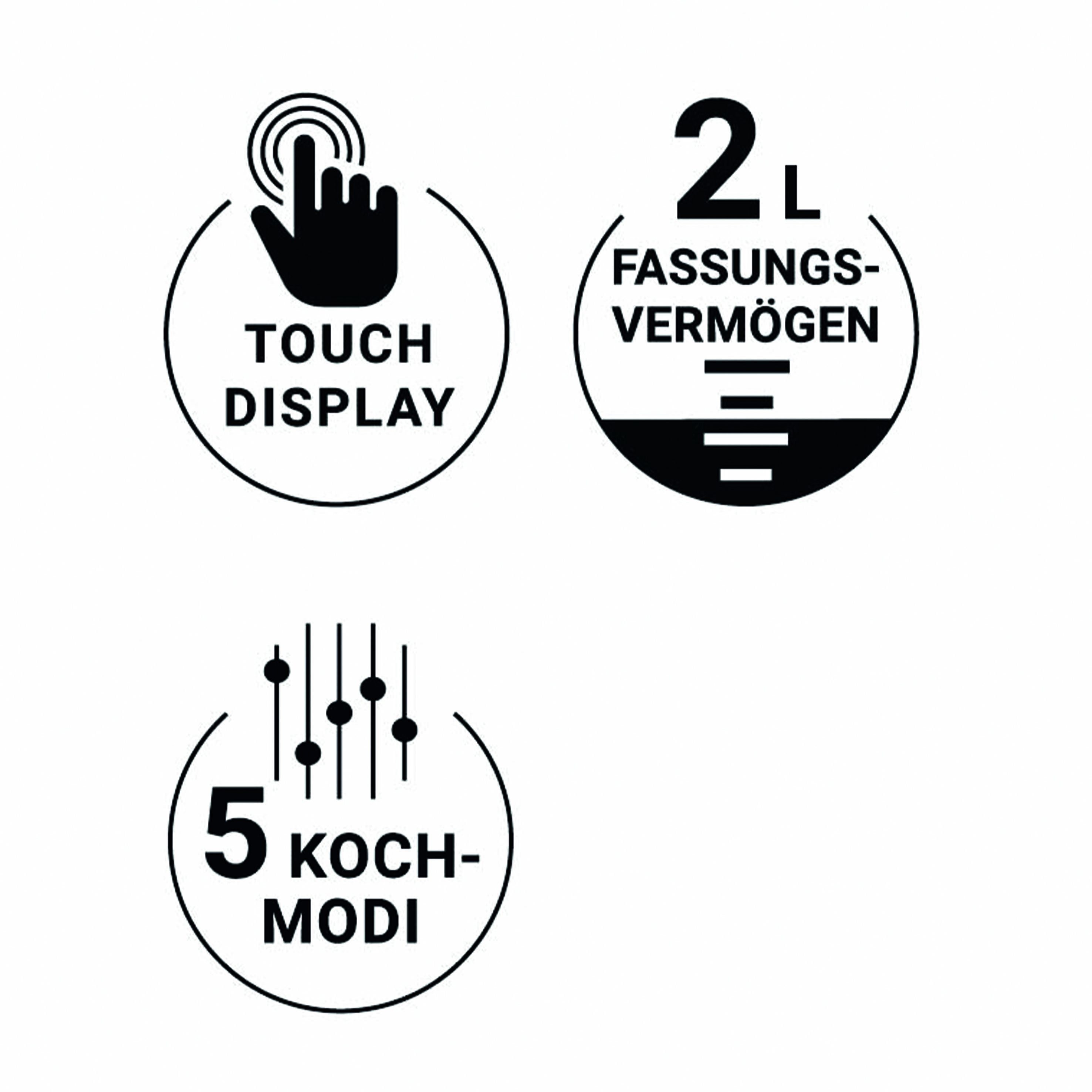 Ikony „Dotykový displej", „2-litrová kapacita" a „5 varných módov" ilustrujúce funkcie ako dotykový displej, 2-litrový objem a 5 varných programov.