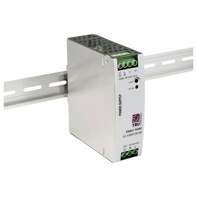 Jednotka napájania namontovaná na kovovej koľaji; označená ako „TRU" a „SINGLE PHASE TCYS0D120-48"; výstup 48VDC, 2,5A.